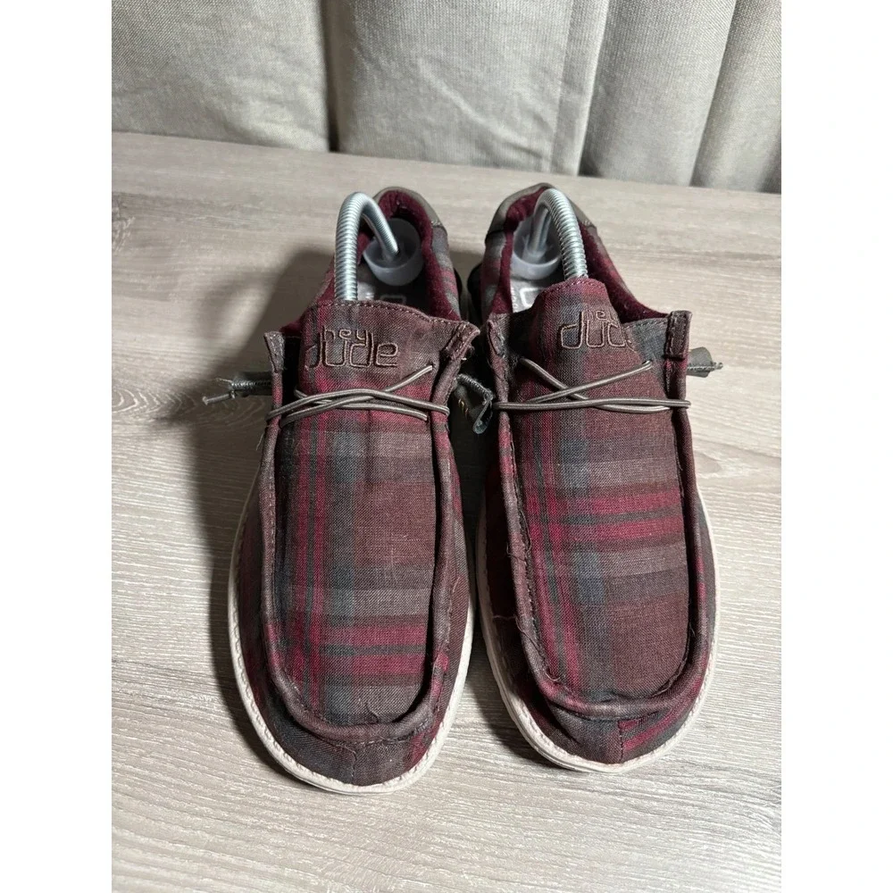 Hey Dude Mens 9 Wally Funk Wool Collection Plaid Burgundy Grey Loafers Casual